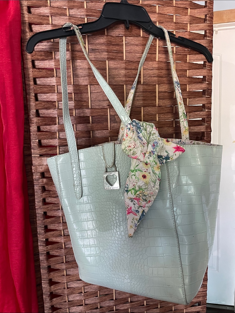 Betsey Johnson Light Mint Croc-Embossed Tote with Floral Scarf Accent